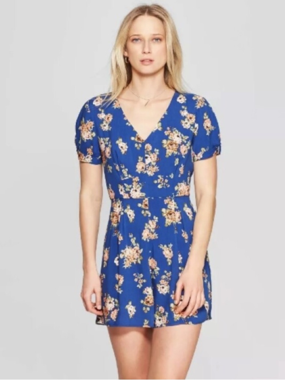 Xhilaration Royal Blue Floral V-Neck Romper XL Back Cut Out Fun Summer
